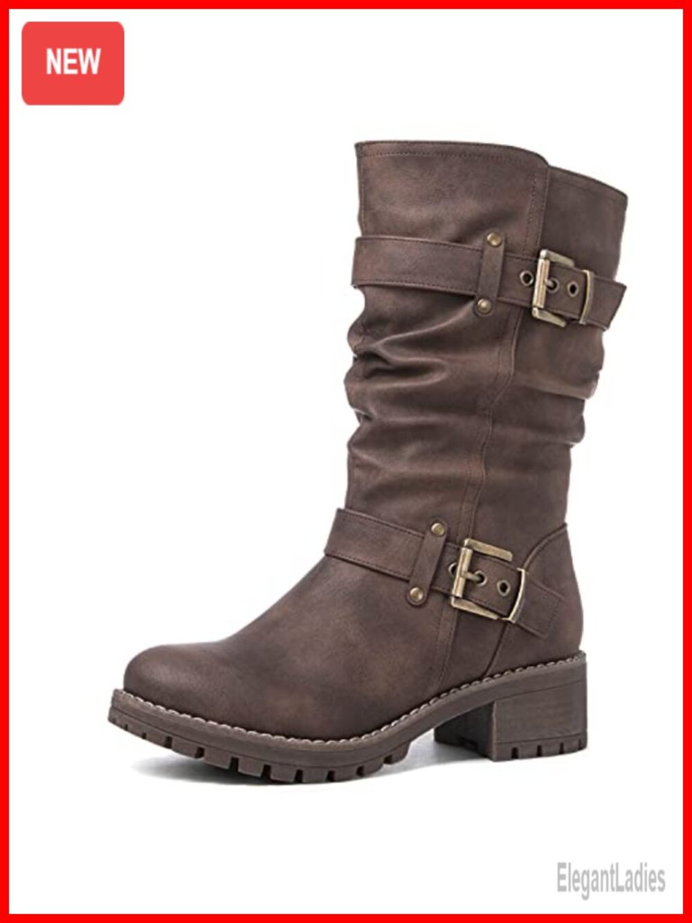 Faux Leather Mid Calf Combat Boots Low Heel Biker Moto Style